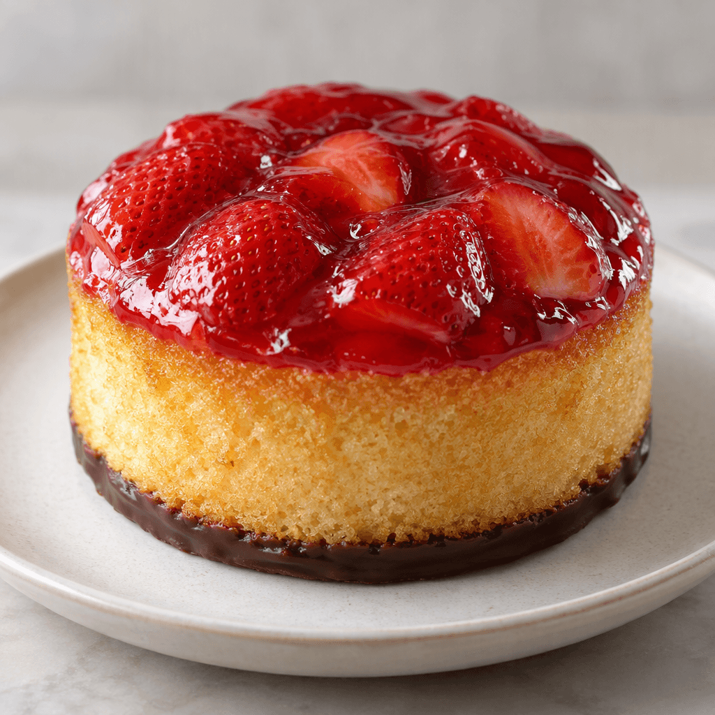 A small round golden sponge cake with a glossy red strawberry-jelly topping and a thin layer of chocolate coating along the base, served on a plate.