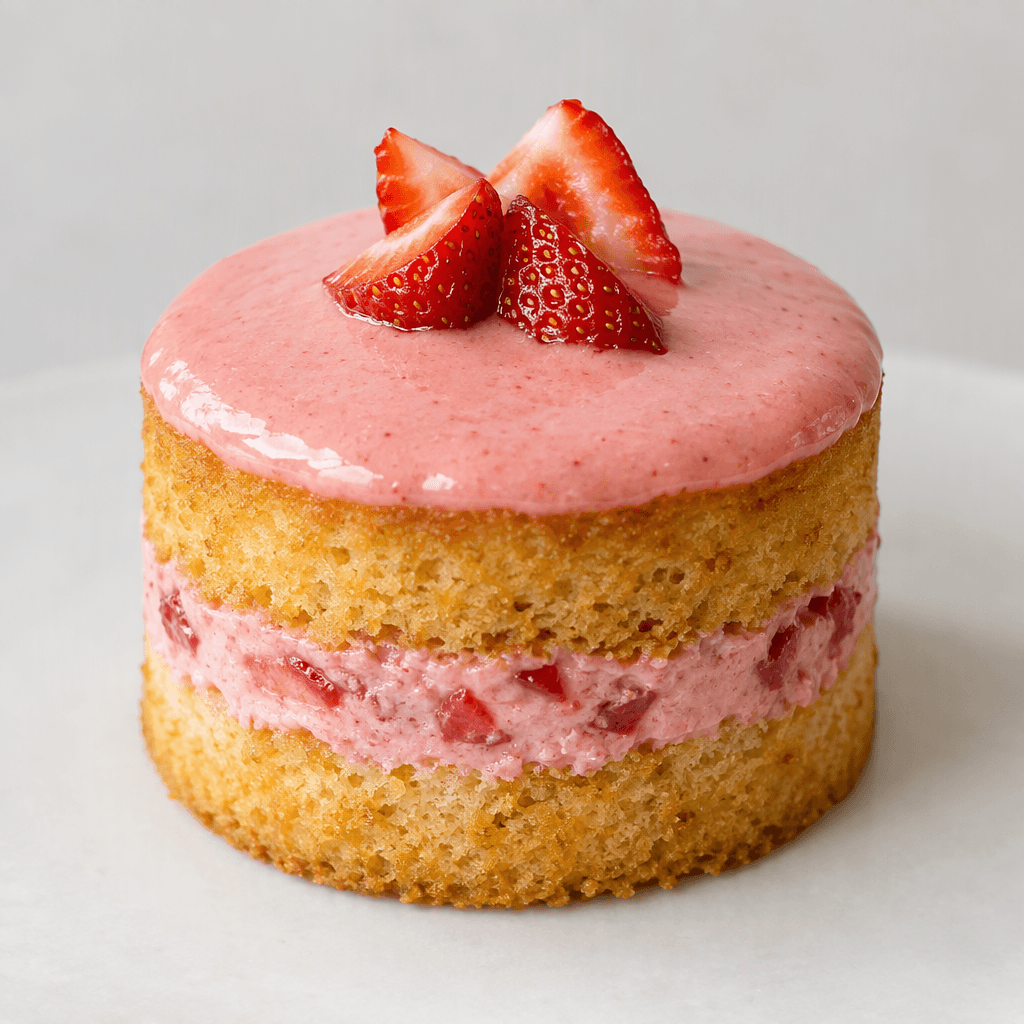 A small, round sponge cake with a golden-brown crumb, a visible pink strawberry layer and a smooth, glossy pink topping.