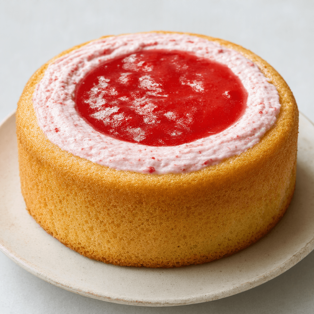 A small round golden sponge cake with a pale pink strawberry-cream layer and a glossy red fruit center, shown whole with its soft, airy cake texture visible.