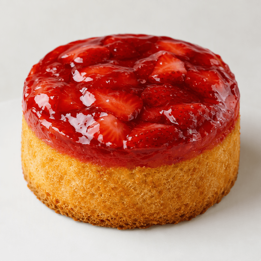 A small round sponge cake with a golden-brown sides and base, topped with a thick, glossy red strawberry jelly layer.