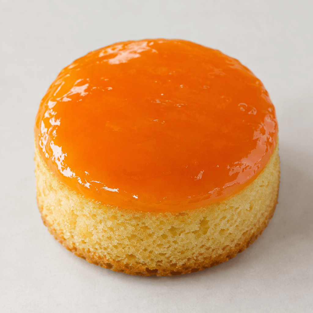 A small, round golden sponge cake topped with a smooth, glossy orange jelly layer, with the pale cake visible around its sides.