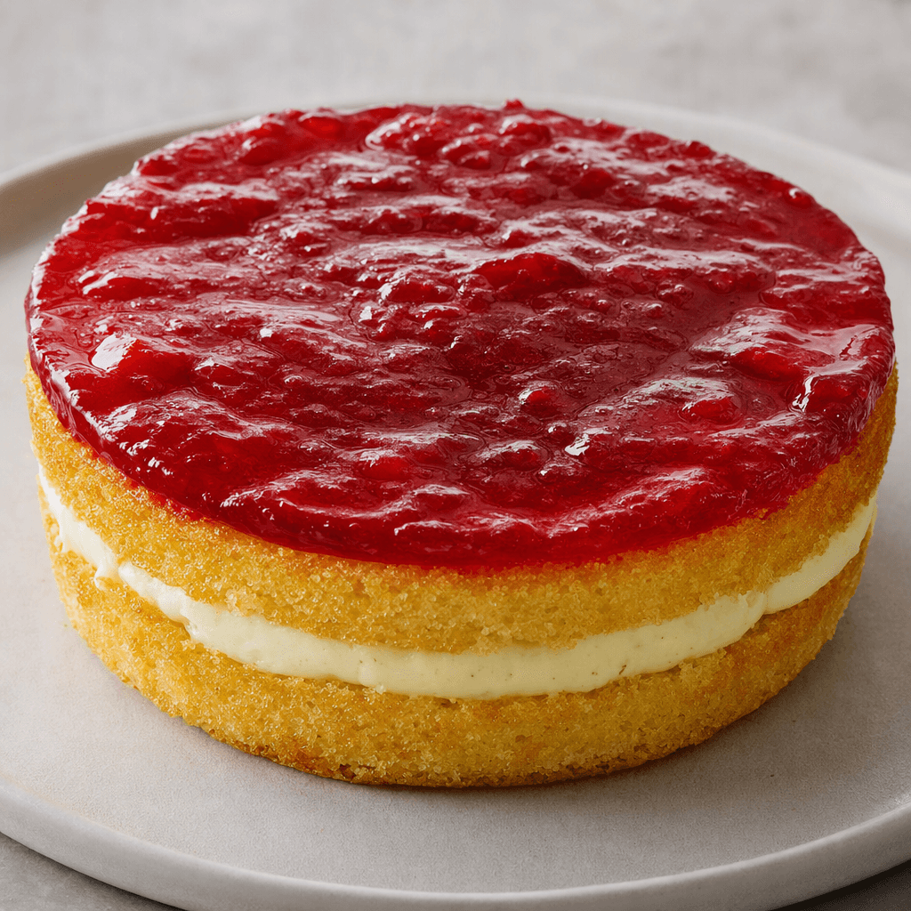 A small round golden sponge cake is topped with a shiny red fruit-jelly layer, with a pale creamy filling visible between the cake layers.