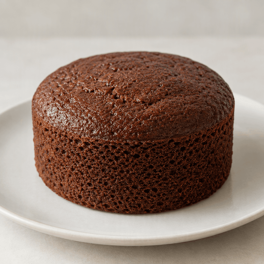 A small, round cocoa sponge cake with a dark-brown surface and a soft, fine crumb, served on a plain plate.