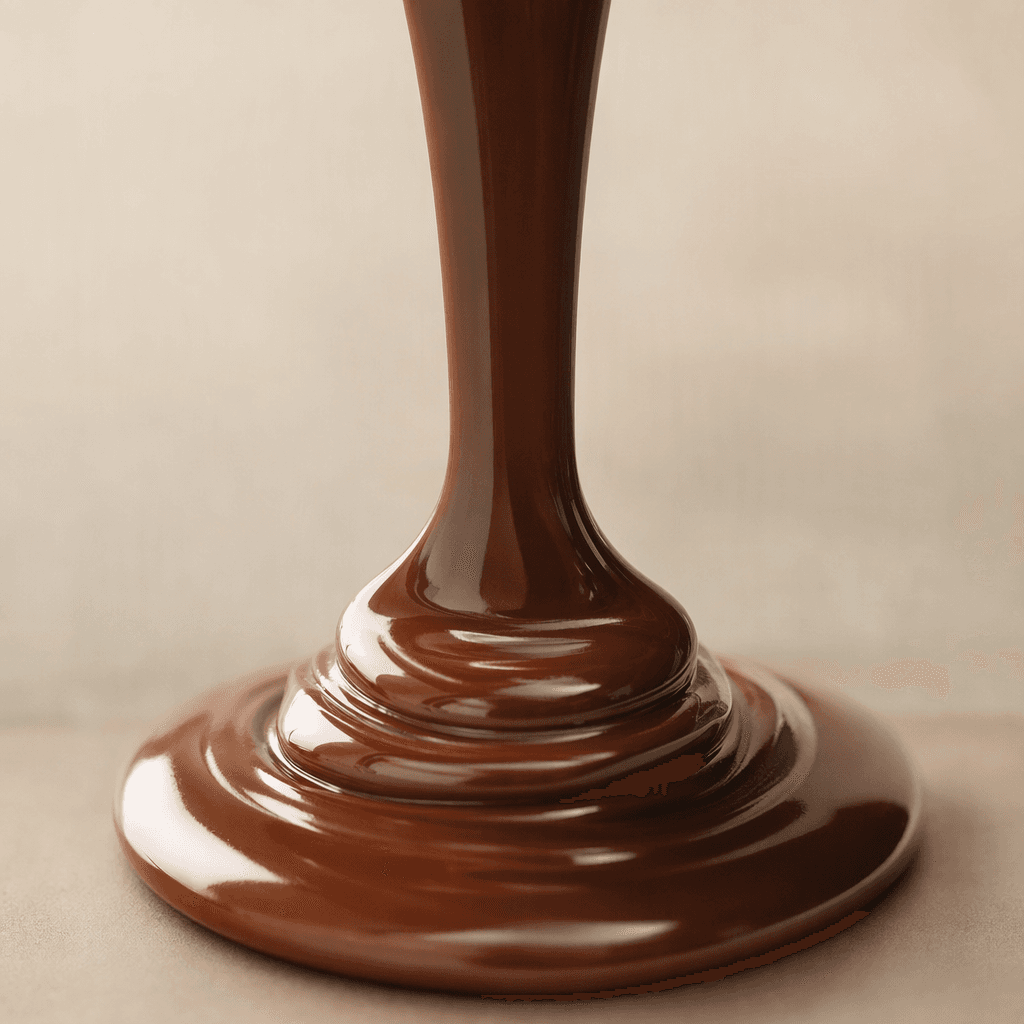 A smooth, glossy, dark-brown chocolate sauce forms a thick, slowly flowing ribbon with a small pool beneath it.