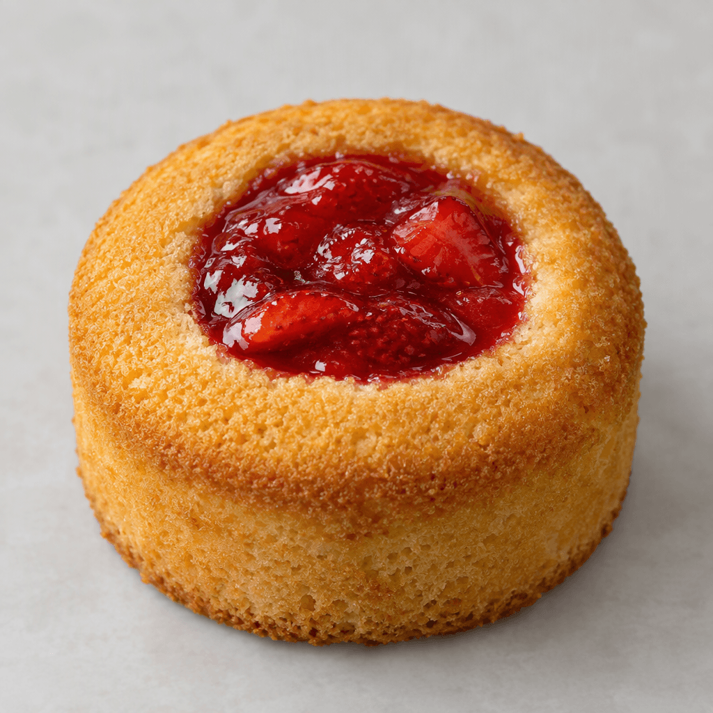 A small round golden sponge cake with a glossy red strawberry filling visible in the center of its top.