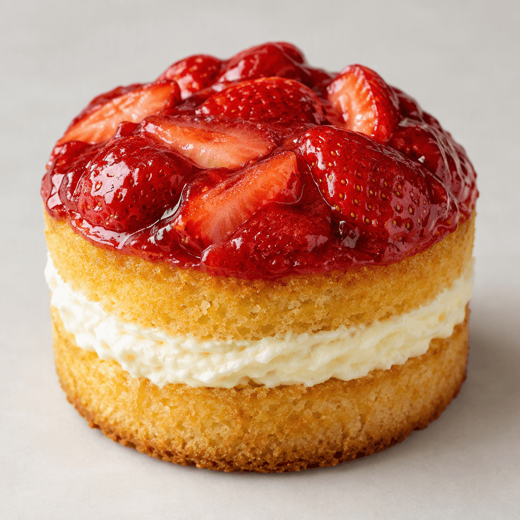 A small, round golden sponge cake with a glossy red strawberry topping and a visible layer of pale cream.