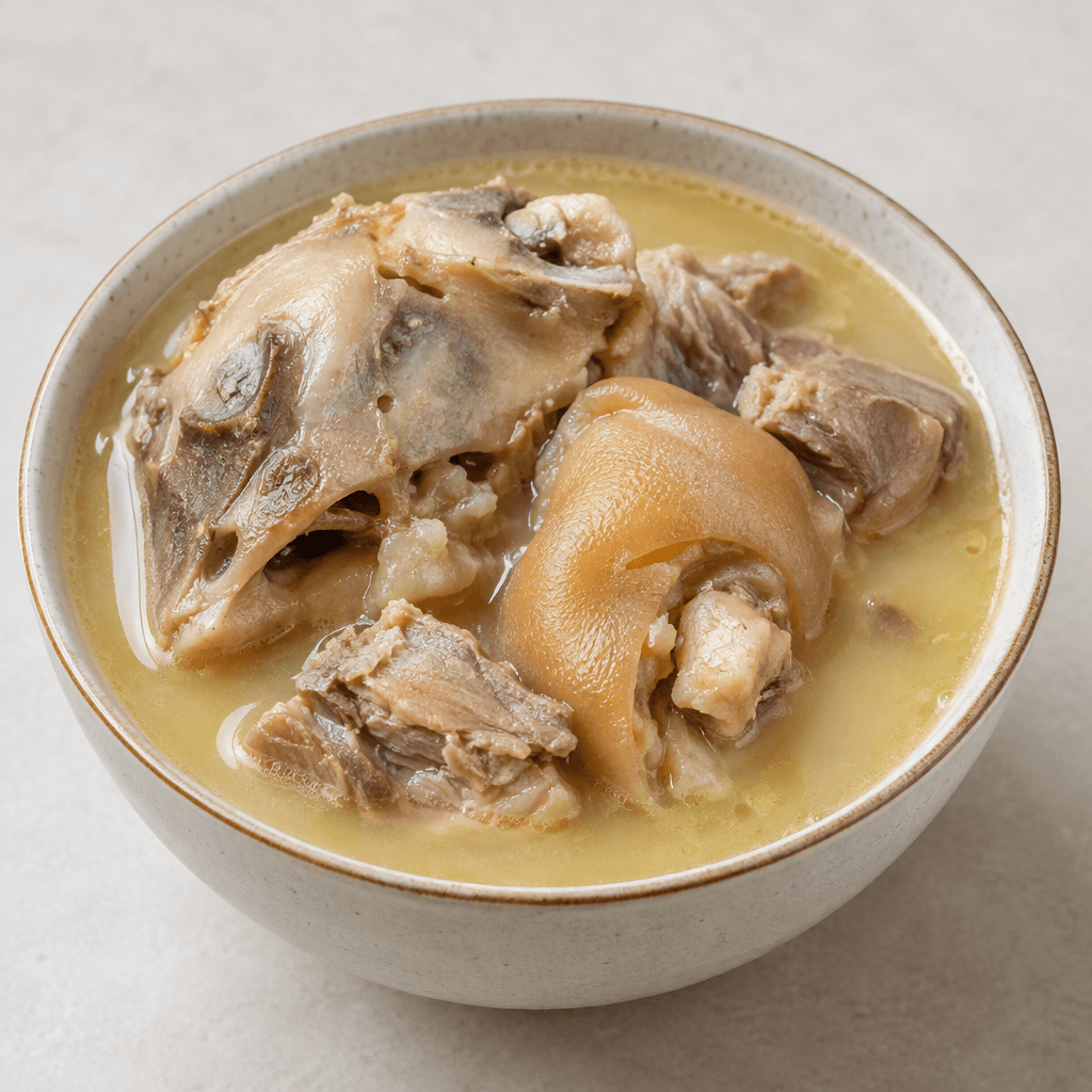 A bowl of pale yellow, slightly creamy broth with visible tender pieces of head and trotter meat, served with a smooth, glossy surface.