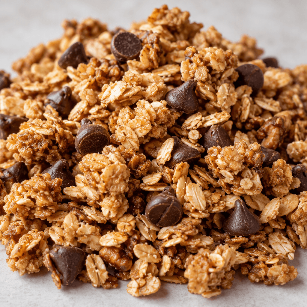 Altın kahverengi yulaf pulları ve küçük, düzensiz granola parçalarından oluşan gevşek bir yığın, koyu kahverengi çikolata parçacıklarıyla beneklenmiştir.