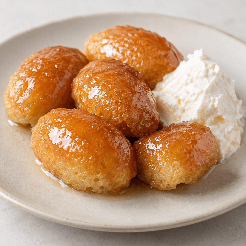 Several small, plump oval pieces with a golden amber colour and glossy syrup-coated surfaces are arranged on a plate, with a soft, porous texture visible at the edges and a dollop of white kaymak alongside.