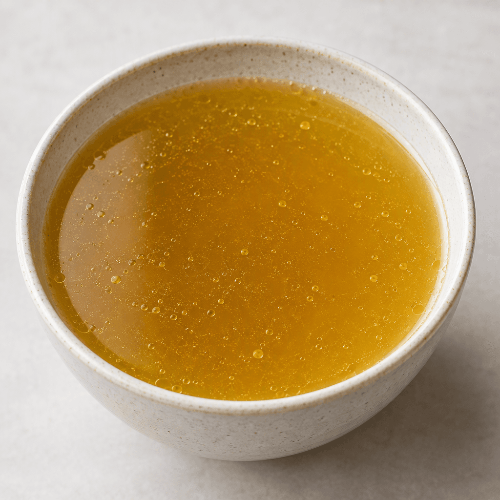 A bowl of clear golden-amber bone broth with a glossy surface, tiny fat droplets, and a few fine suspended particles, served plain without visible solid ingredients.