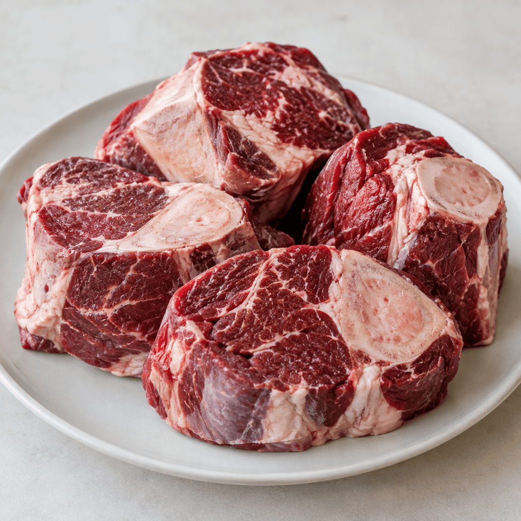 Several thick, irregular cuts of deep red meat with pale, exposed bone sections and visible marbling, arranged together on a plain plate.