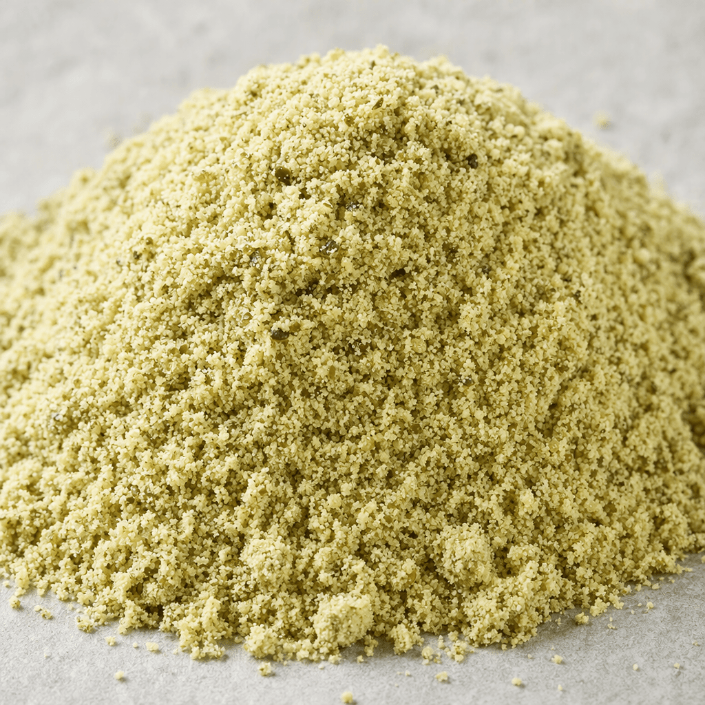 A mound of finely ground hemp seed powder, pale greenish beige with tiny darker green and brown flecks and a slightly coarse, softly clumping texture.