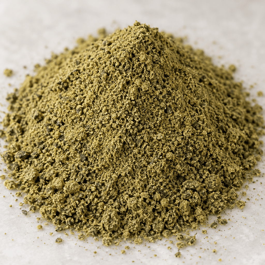 A loose, finely ground powder with a muted greenish-brown color and tiny darker flecks.