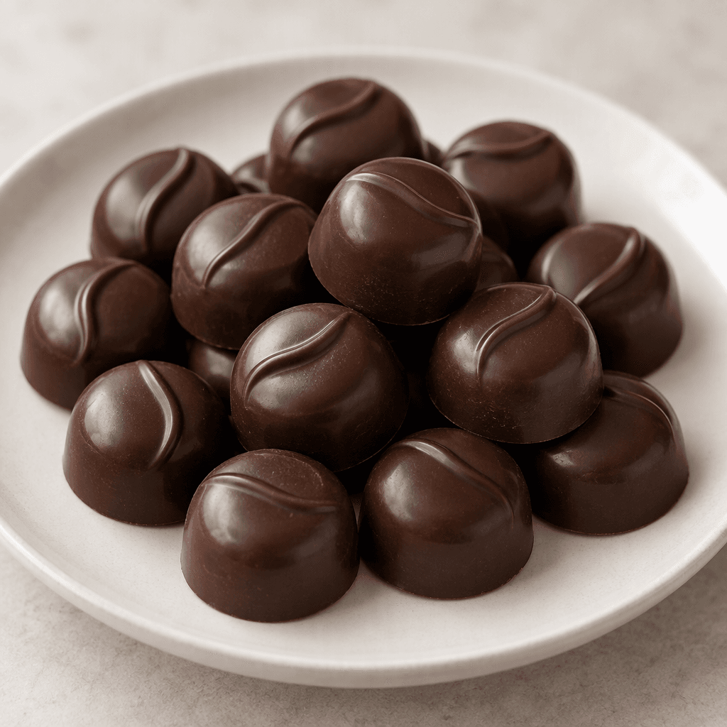 Small, smooth, dark-brown chocolate candies are arranged together on a plain plate.