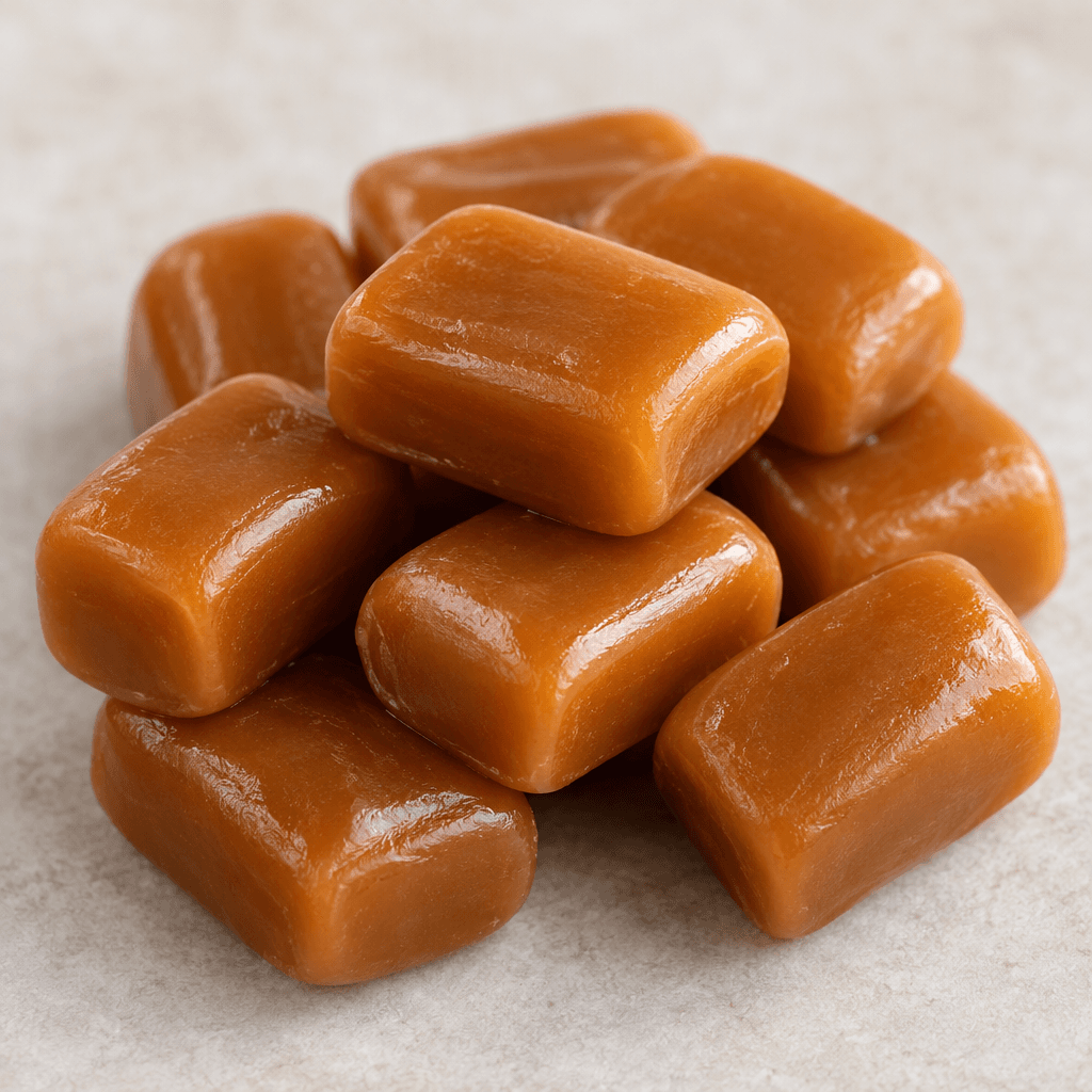 Small, smooth caramel candies in warm amber-brown tones, with a slightly glossy surface and rounded rectangular shapes, arranged together.