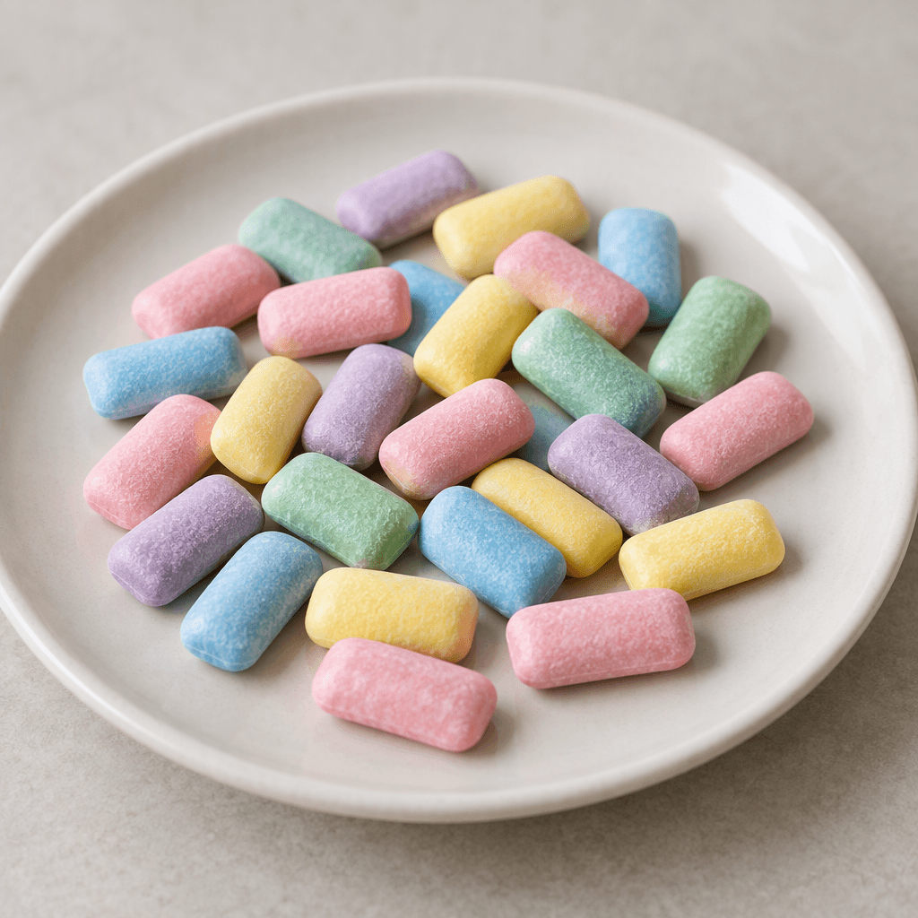 Açık pastel renklerde, küçük ve yassı dikdörtgen sakız parçaları, hafif şekerli pürüzsüz yüzeyleriyle sade bir tabağa dağınık biçimde serpilmiş.