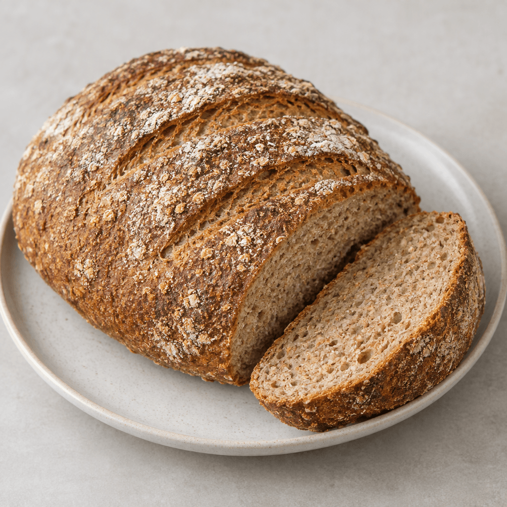 A rustic, oval whole-wheat loaf with a deep golden-brown crust, a coarse flour-dusted surface marked by shallow diagonal cuts, and a dense tan crumb visible along one thick slice, served on a plain ceramic plate.