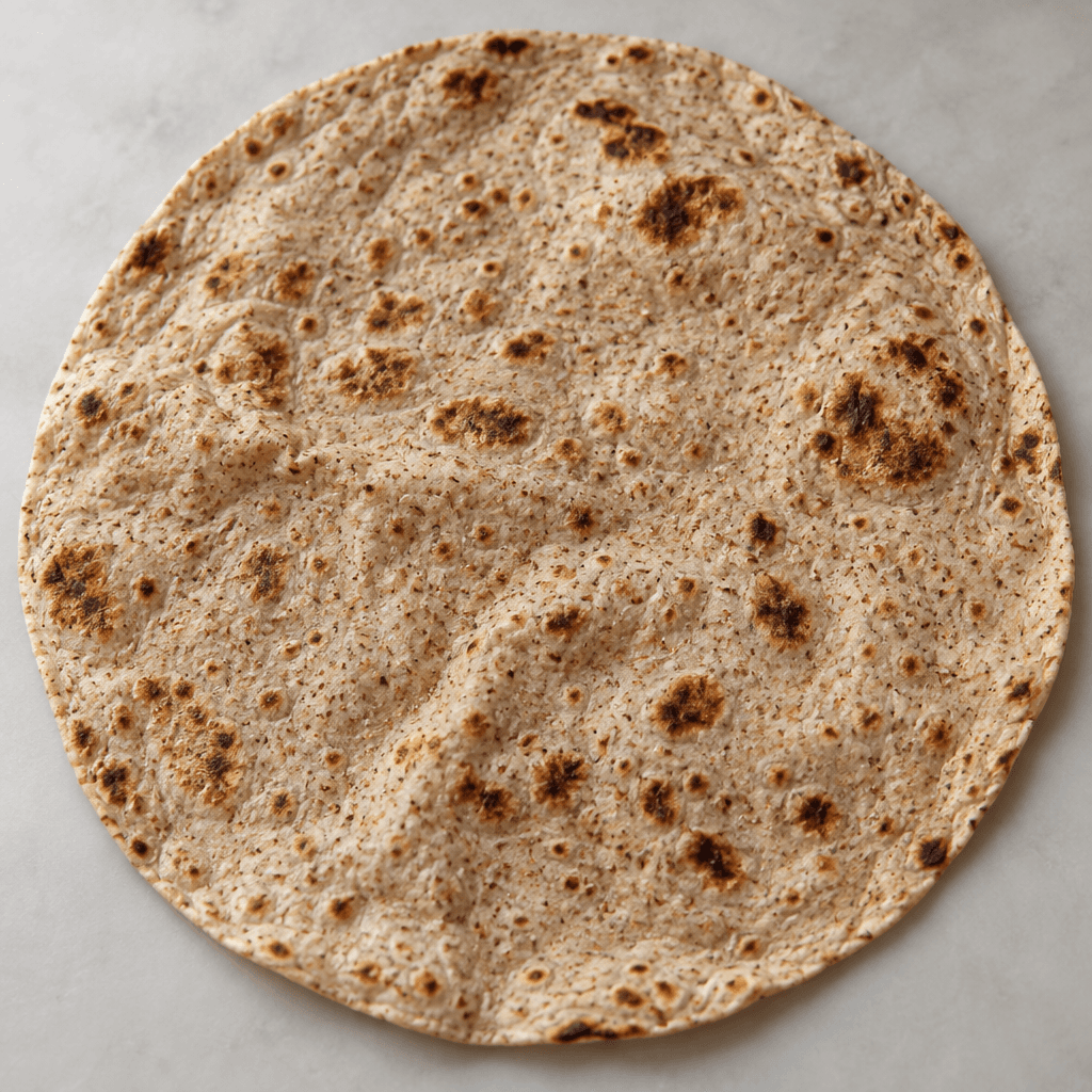 A large, very thin, soft-looking flatbread lies open, its muted brown surface dotted with darker toasted patches and fine flecks of whole grain.