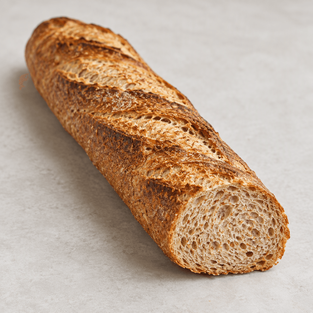 A long, slender baguette with a deep golden-brown, rough crust, several diagonal slashes across the top, and a cut end revealing a dense light-brown crumb with small irregular air holes and visible wheat bran flecks.