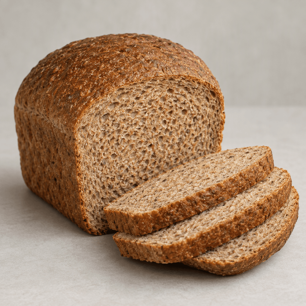 A brown whole-wheat loaf with a gently rounded top and a coarse, finely speckled crumb, shown beside a few slices with a medium-brown crust.