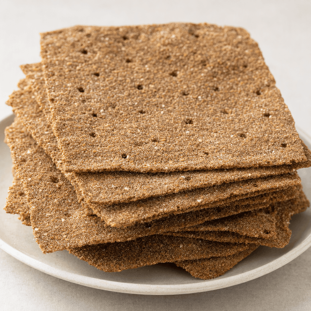 Thin, flat, crisp brown slabs with a coarse, grain-speckled surface and small pinholes are stacked slightly askew on a plate.