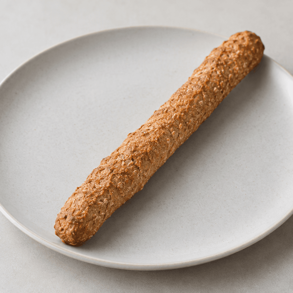 A slender, elongated breadstick with a warm medium-brown whole-wheat crust, lightly rough and grainy with tiny visible wheat flecks, irregular hand-formed edges, and a firm, dry-looking surface, served on a simple plate.