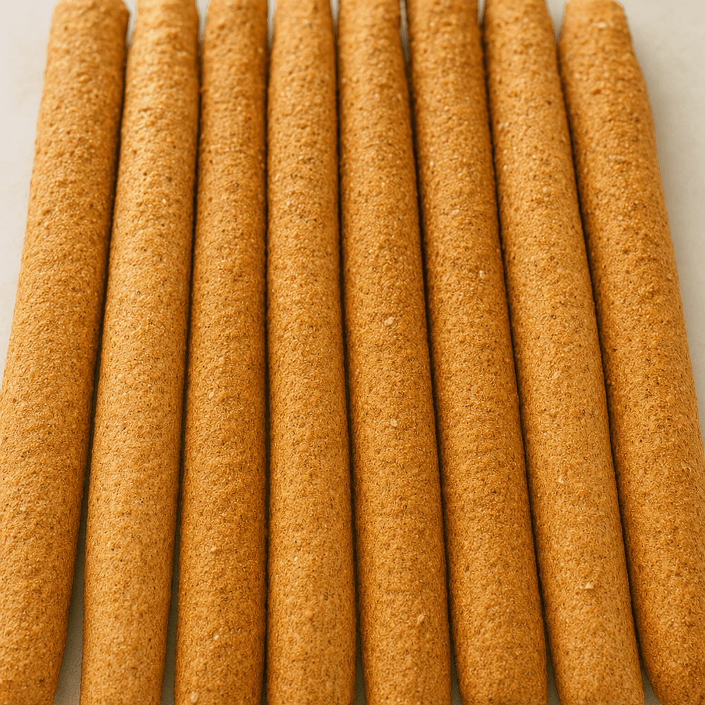 Long, slender whole-wheat breadsticks with a deep golden-brown, slightly rough surface and small visible flecks of bran, arranged side by side.