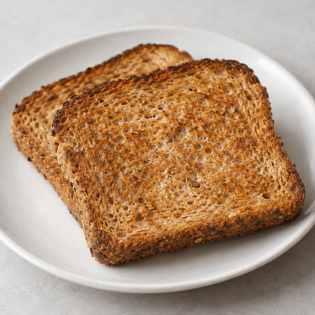 One or two rectangular slices of whole wheat bread with a golden-brown toasted surface, darker crisp edges, and a visible coarse, speckled brown crumb, served on a plate.