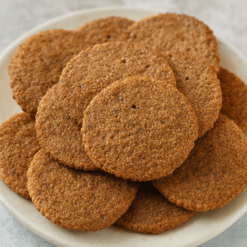 Small, flat round biscuits with golden-brown edges, darker cinnamon-colored surfaces and visible flecks of bran, arranged on a plate.