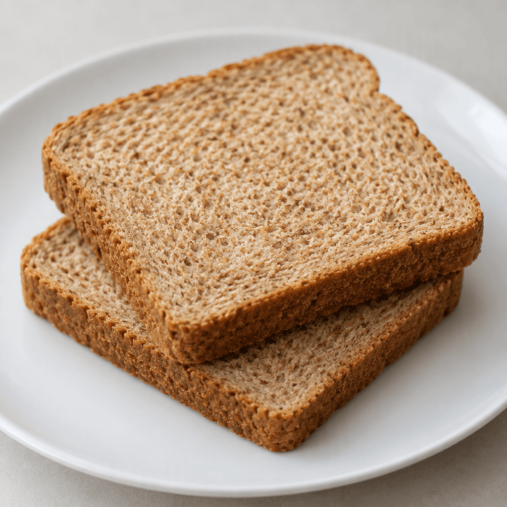 Two rectangular slices of whole wheat toast bread with medium-brown crusts, warm tan interiors, and a dense, finely speckled crumb, stacked slightly offset on a plain plate.