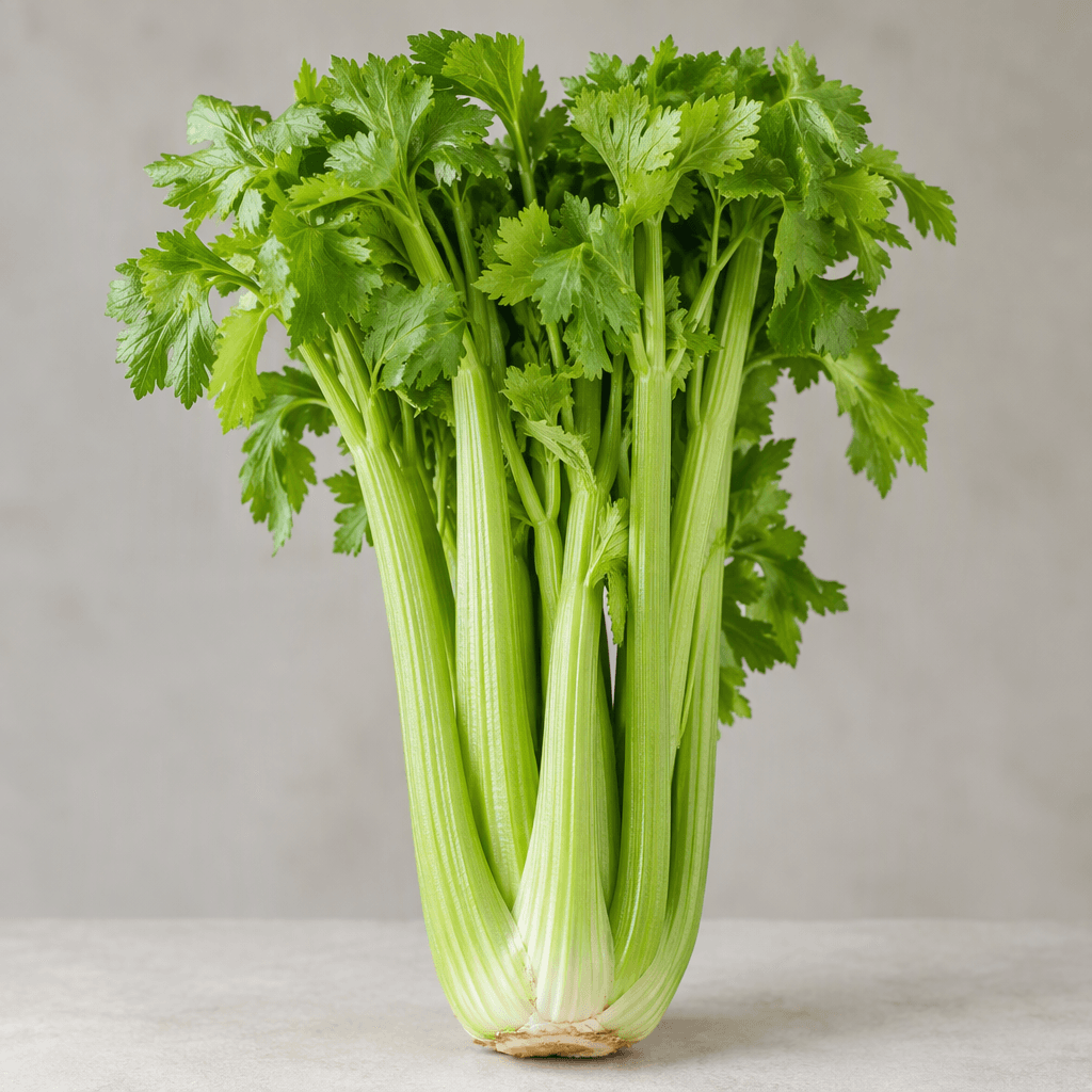 A fresh bunch of celery with long, thick, pale-green ribbed stalks gathered at the base and topped with delicate bright-green leafy fronds, showing crisp fibrous textures and slightly curved stems.