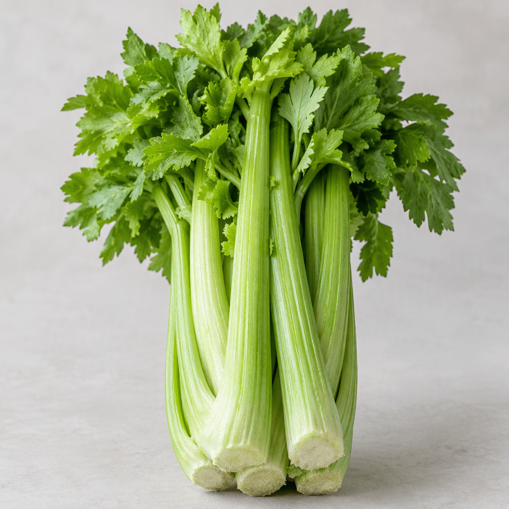A fresh bunch of raw celery with long, thick, pale-green stalks showing raised ridges and fibrous strings, leafy green tops, and cleanly cut ends.