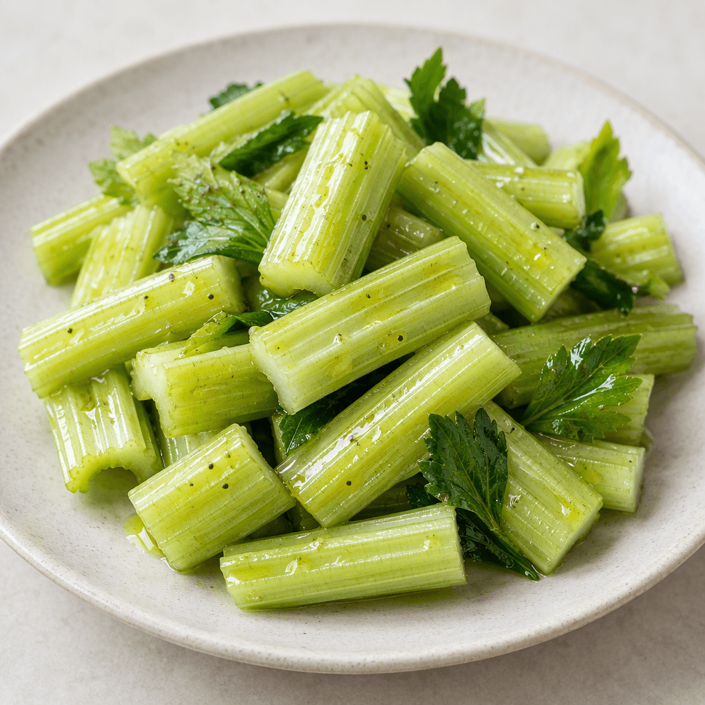 Pale green celery stalks cut into short pieces are arranged on a plate, their ridged surfaces lightly coated with glossy olive oil and dotted with a few darker green leaves.