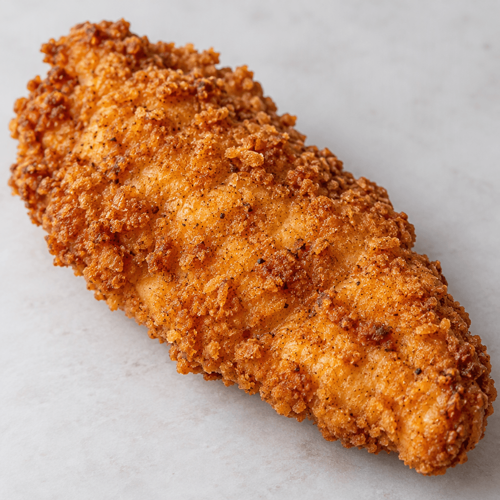 An elongated, slightly irregular chicken fillet covered in a rough, crisp-looking golden-brown crumb coating.