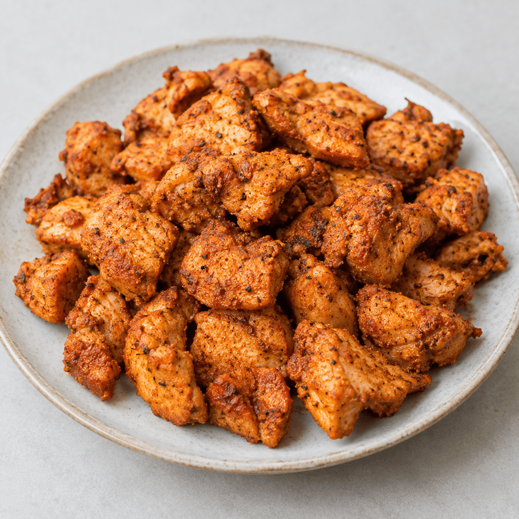 Irregular bite-sized pieces of chicken with a reddish-orange coating speckled with fine seasoning, arranged on a plate.