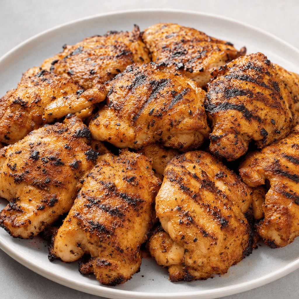 Golden-brown pieces of chicken with darker grill marks and lightly crisped edges are arranged on a serving plate.