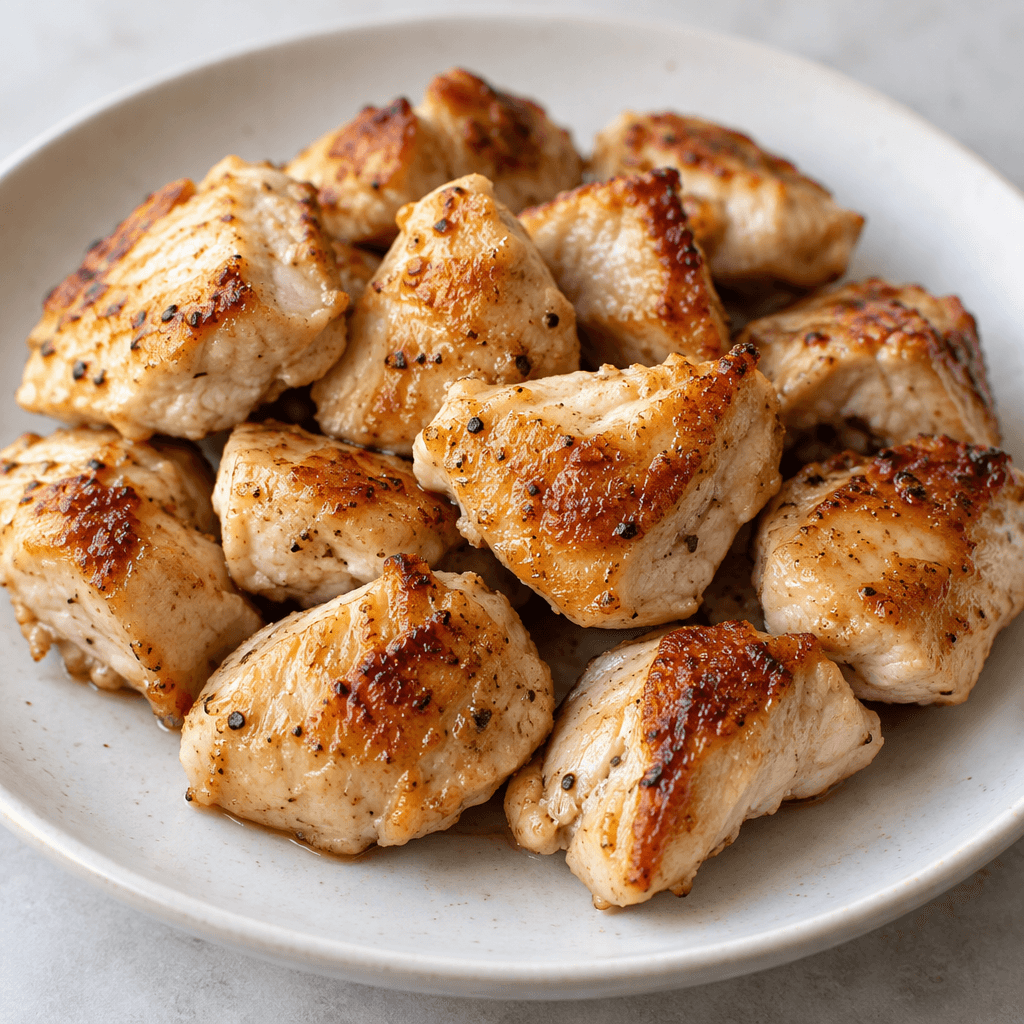 Irregular bite-size pieces of chicken with a pale interior and golden-brown seared patches, arranged closely together on a plate.