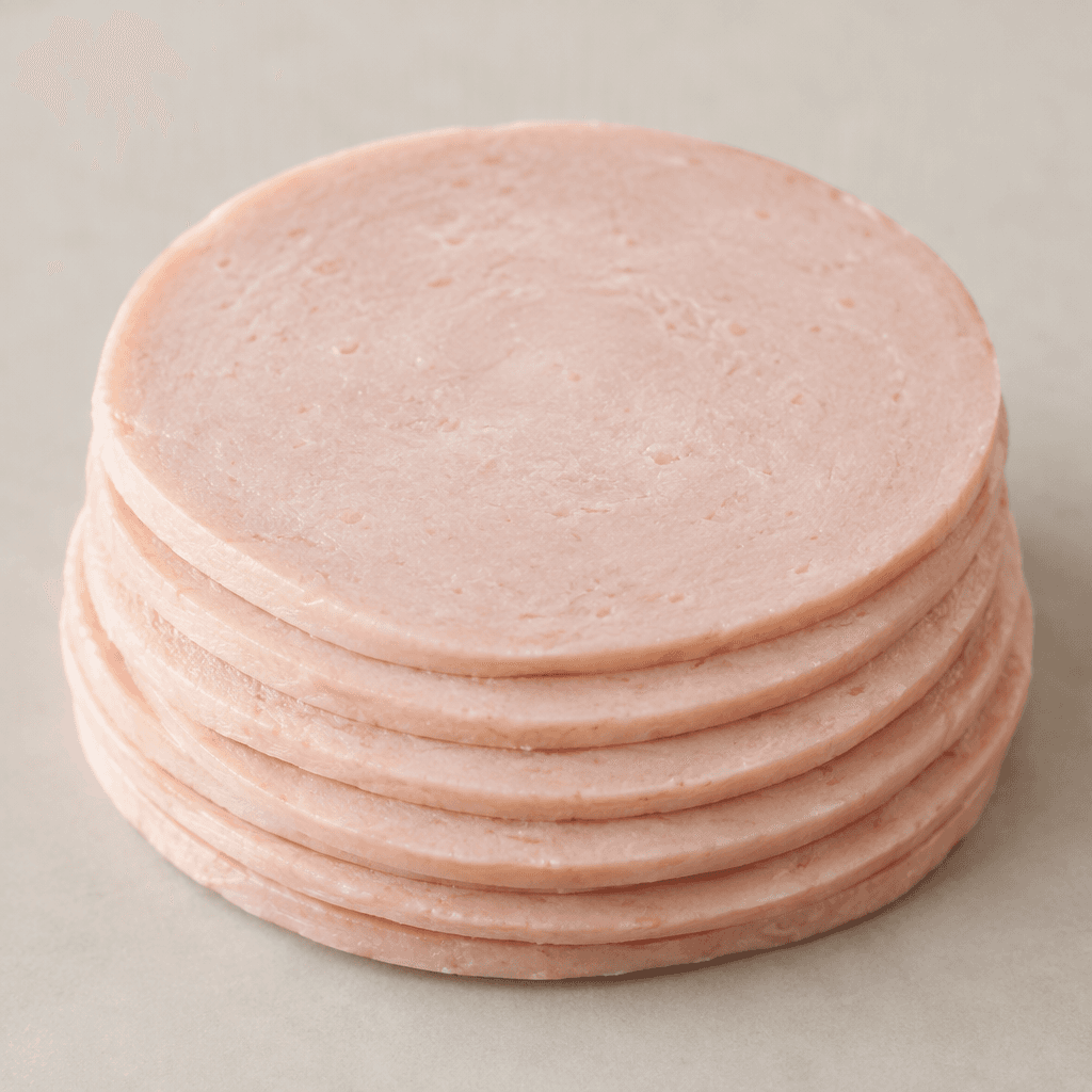 Pale pink processed poultry, formed into smooth, compact slices with a fine, even texture and neatly rounded edges.