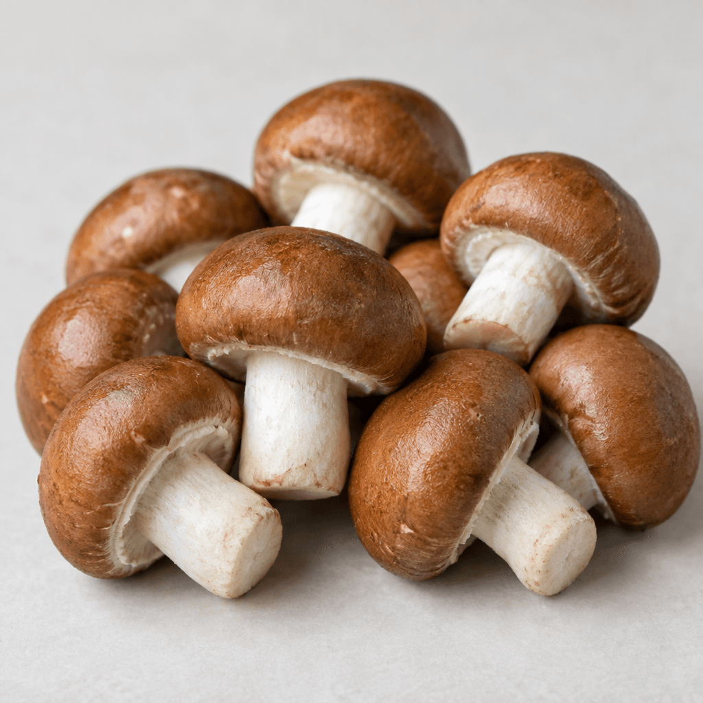 Small mushrooms with smooth, rounded chestnut-brown caps, pale cream undersides, and short thick white stems, shown whole in a loose cluster.