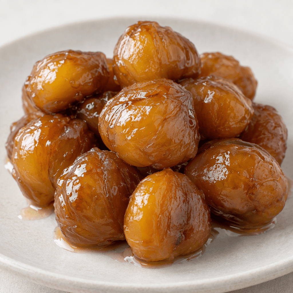 Whole peeled chestnuts with rounded, irregular forms are coated in a smooth, glossy amber-brown sugar glaze and arranged on a plate, with a few sticky translucent syrup trails visible between them.