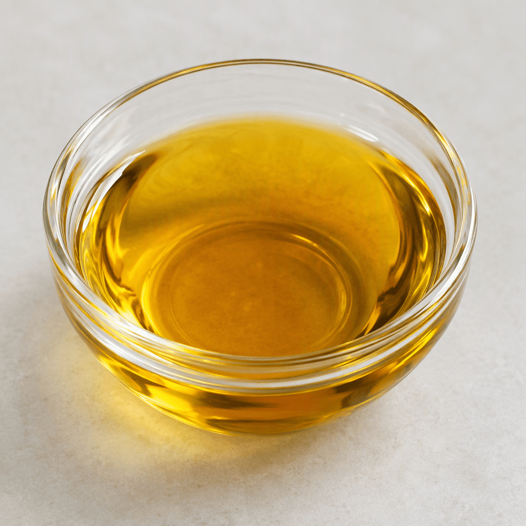 Golden-amber, translucent oil with a smooth, glossy surface, shown as a small pool in a clear glass dish.