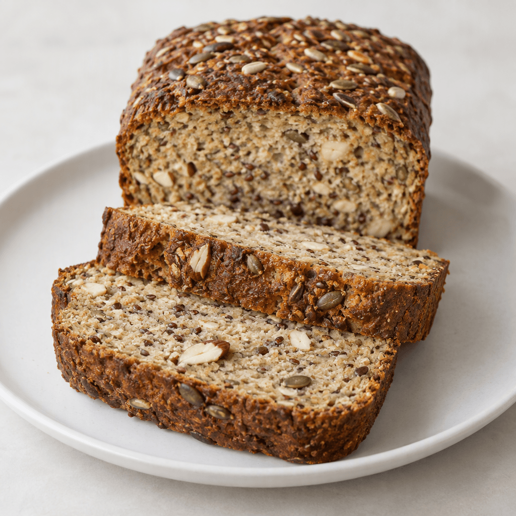 A compact, rectangular loaf of ketogenic bread is sliced into thick pieces, showing a dark brown crust, a dense beige crumb, and scattered seeds and nut pieces on the cut surfaces, served on a plain plate.