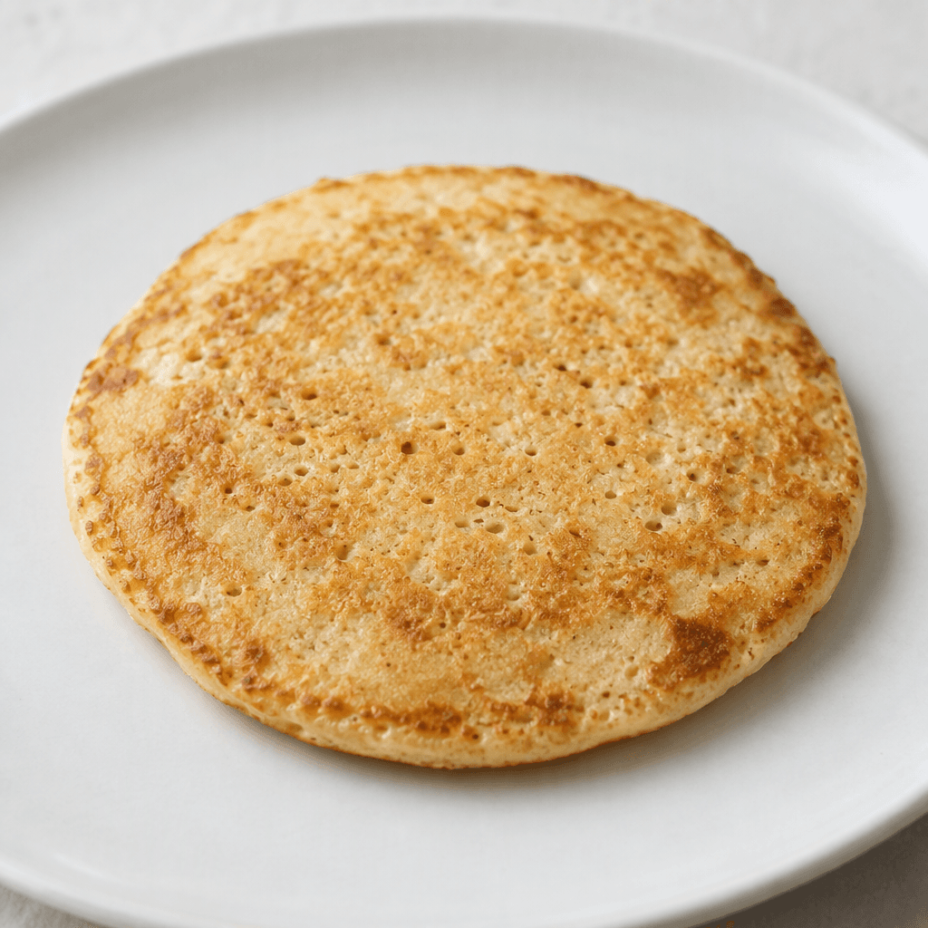 A small, round, flat pancake with a pale golden-brown, slightly uneven surface dotted with fine pores and lightly browned edges, served plain on a plate.
