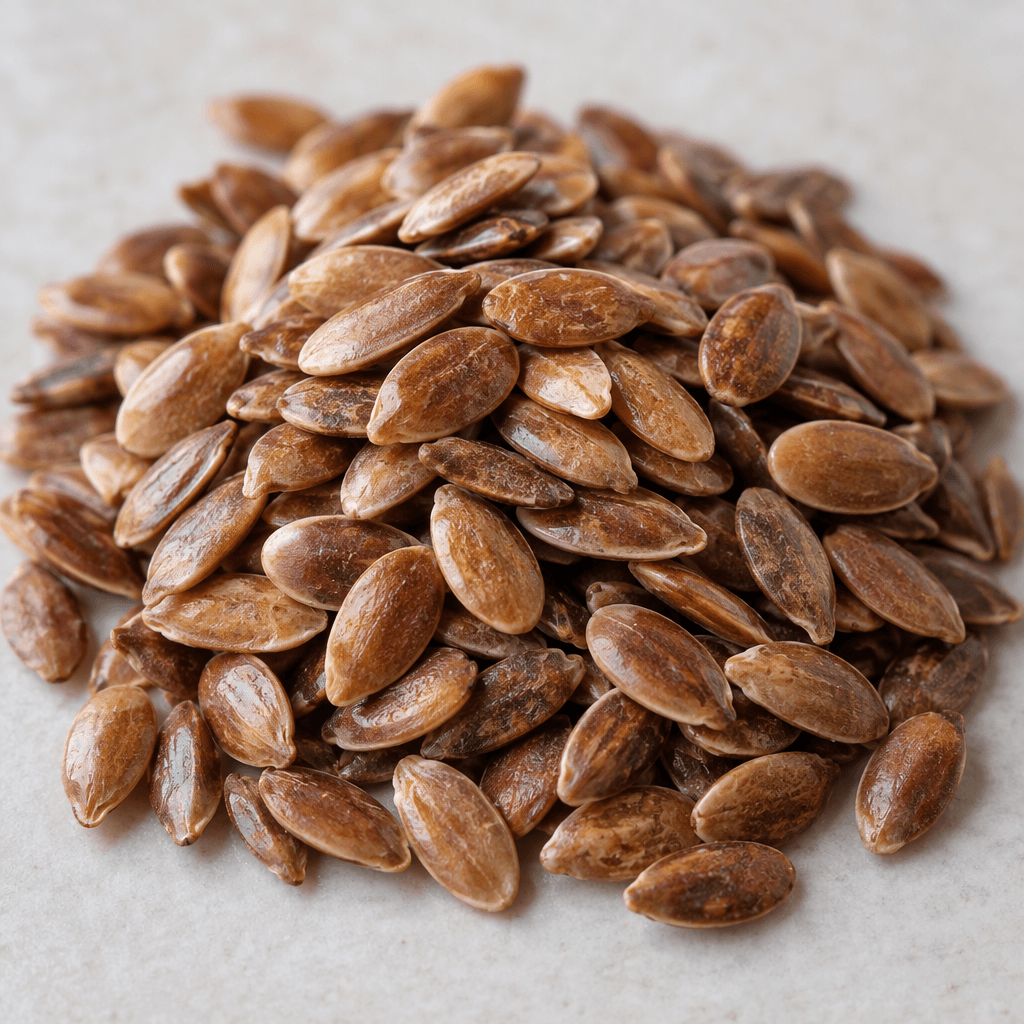 A small loose pile of flat, oval seeds with smooth, mottled tan-to-brown surfaces and slightly pointed ends.