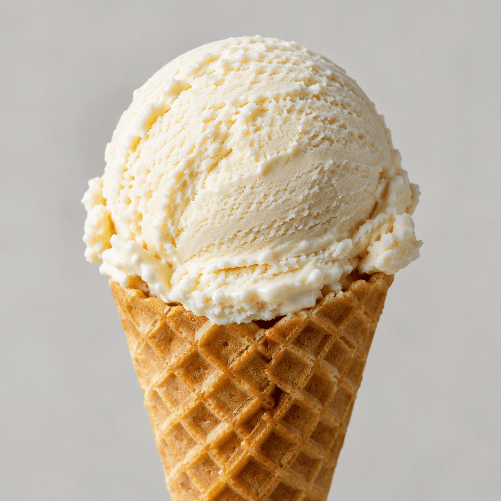 A pale, creamy scoop of ice cream sits in a golden-brown waffle cone with a crisp crosshatched surface.
