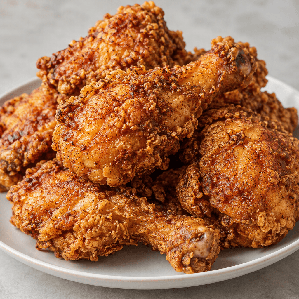 Irregular bone-in chicken pieces are covered in a thick, craggy golden-red crust with darker spice flecks and are served piled on a plain plate.