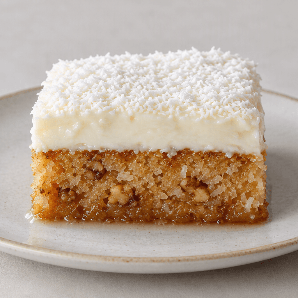 A rectangular slice with a golden-brown, porous coconut-and-walnut cake base soaked in clear syrup, topped with a thick white custard layer and a light sprinkling of finely grated coconut, served on a plate.