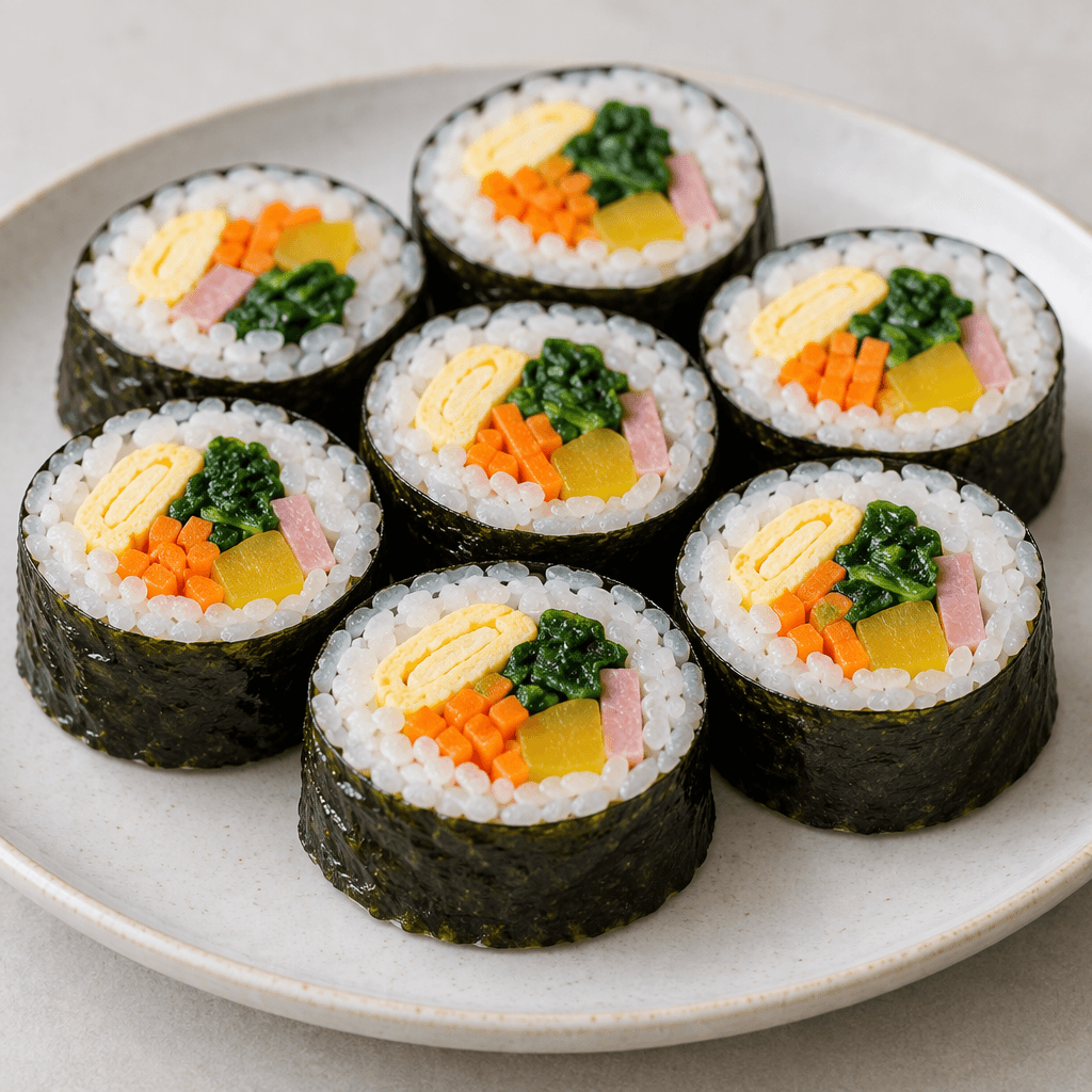Several short cylindrical rolls are sliced into round pieces, each wrapped in a thin, glossy dark-green seaweed sheet around compact white rice and visible strips of pale-yellow egg, orange carrot, yellow pickled radish, green spinach and pinkish ham, arranged on a plate.