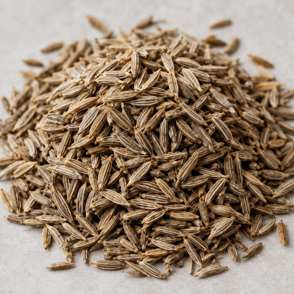 Whole cumin consists of small, narrow, elongated seeds with multiple lengthwise ridges, ranging from pale tan to warm brown, scattered in a loose pile.
