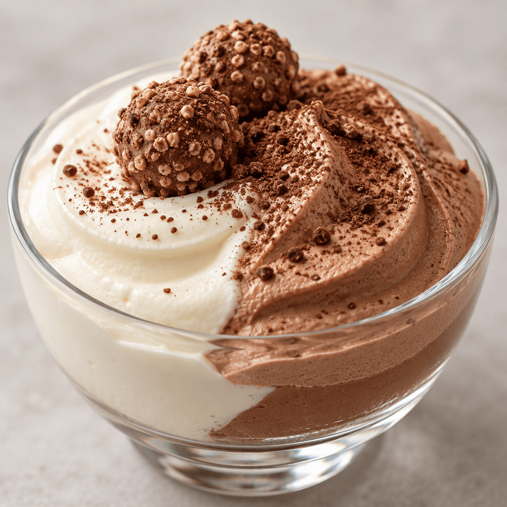 A smooth white milk-cream layer sits beside a light-brown cocoa cream, topped with two small crisp cocoa-coated wafer balls.